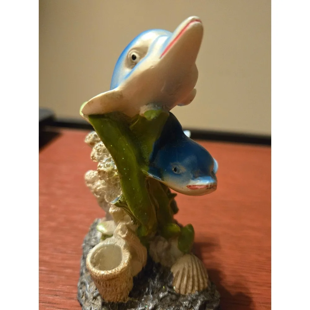 Vintage Blue Dolphin Pair Figurine Coral Reef Ocean Decor Resin Statue 5 Inch